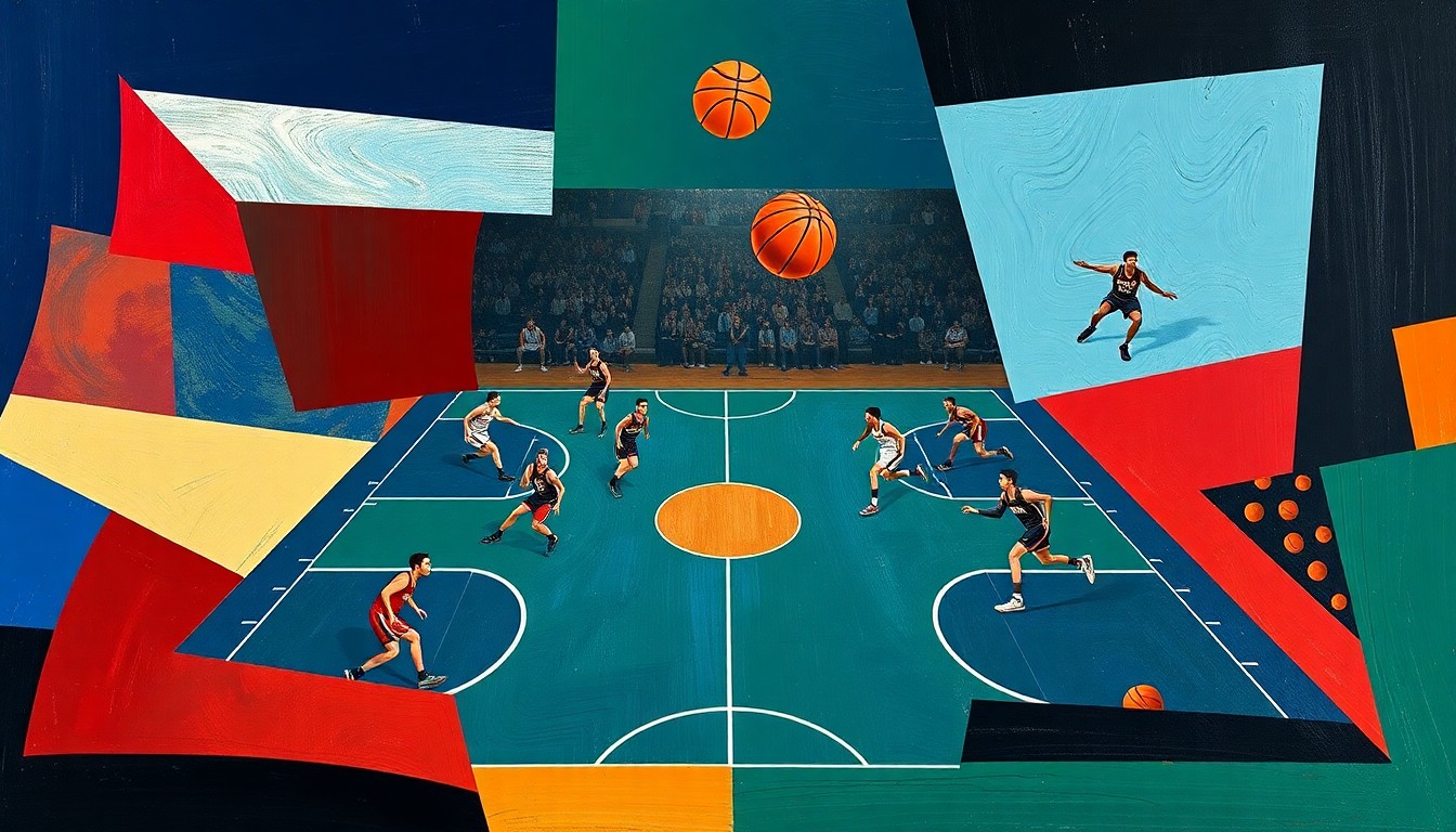 A fragmented, abstract painting depicting a college basketball game, with players, balls, and court lines broken down into sharp, overlapping geometric shapes and planes in a bold color palette, conveying the disruption and instability caused by the NCAA transfer portal.