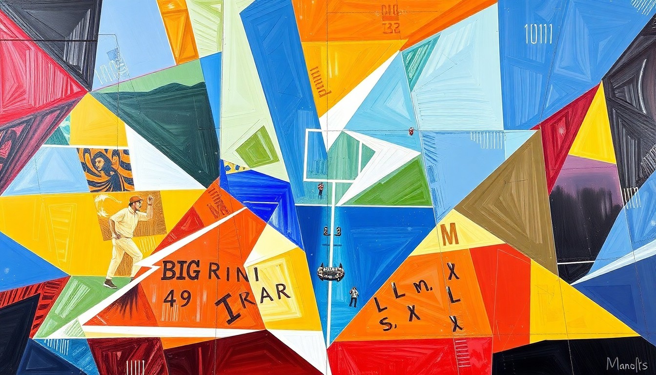 A cubist, geometric painting depicting a high school football game, with the players and field broken down into sharp, overlapping planes of color representing the teams' uniforms.