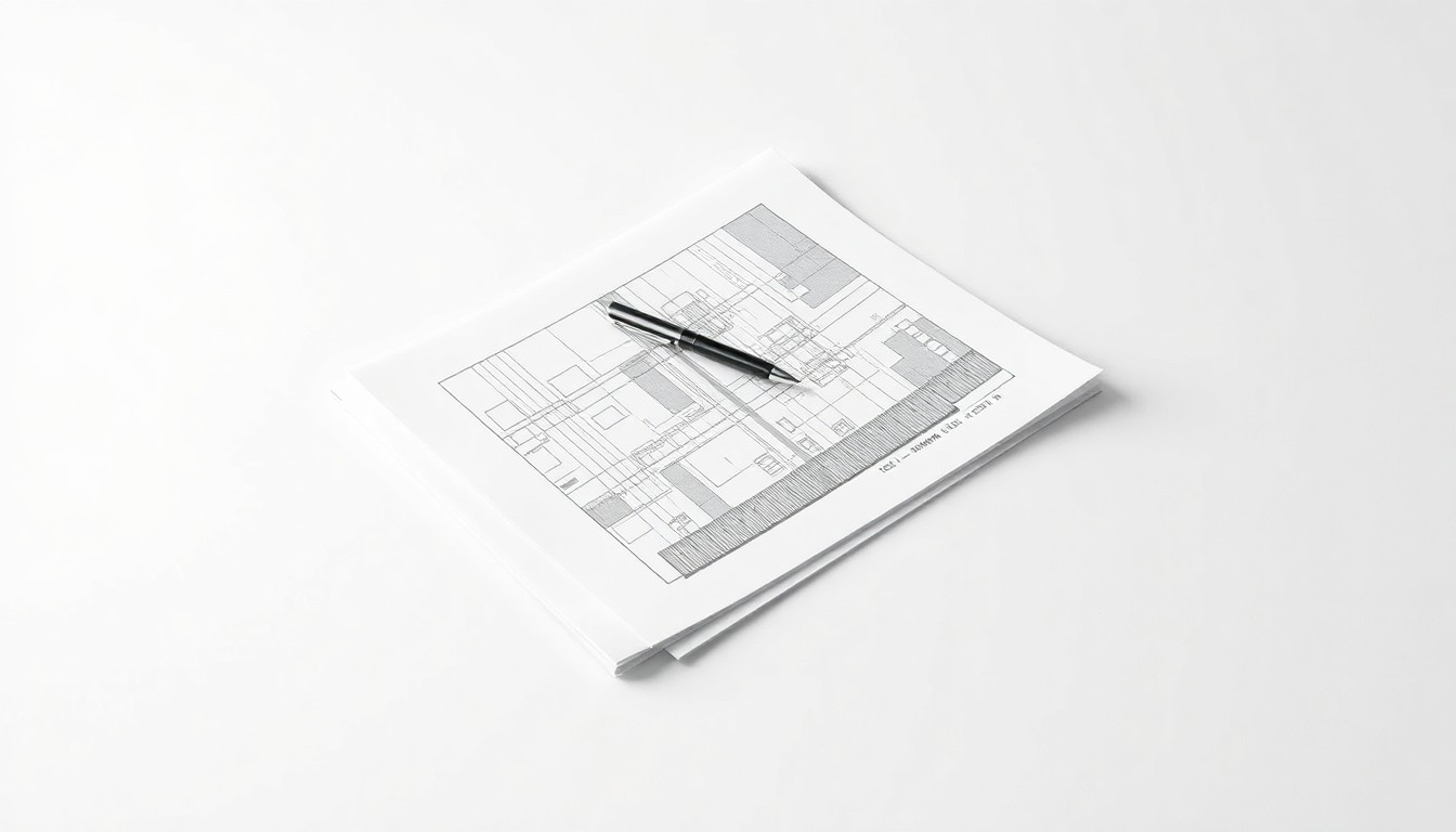 A photorealistic studio still life featuring a stack of architectural blueprints, a ruler, and a pen arranged on a clean, monochromatic background, conceptually representing the process of planning and permitting for new construction projects.