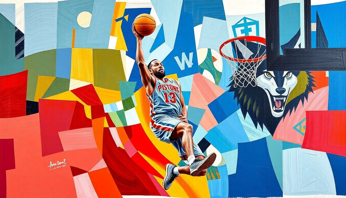 A fragmented, geometric painting in vibrant blues, reds, and greens, depicting a basketball player driving to the hoop, conceptually representing the impact of an injury on a team's playoff aspirations.