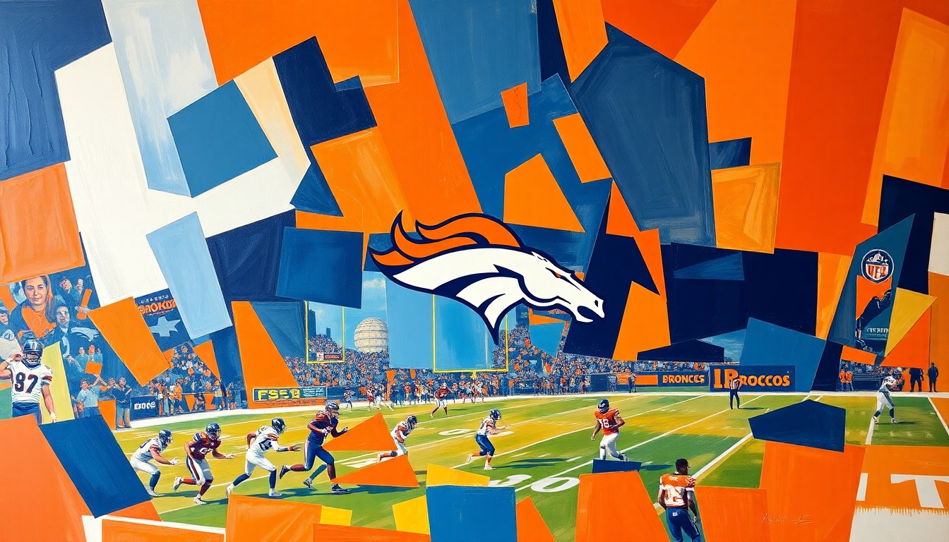 A cubist, geometric painting depicting a Broncos football game or practice, with sharp, overlapping planes of orange, blue, and white representing the dynamic action on the field.