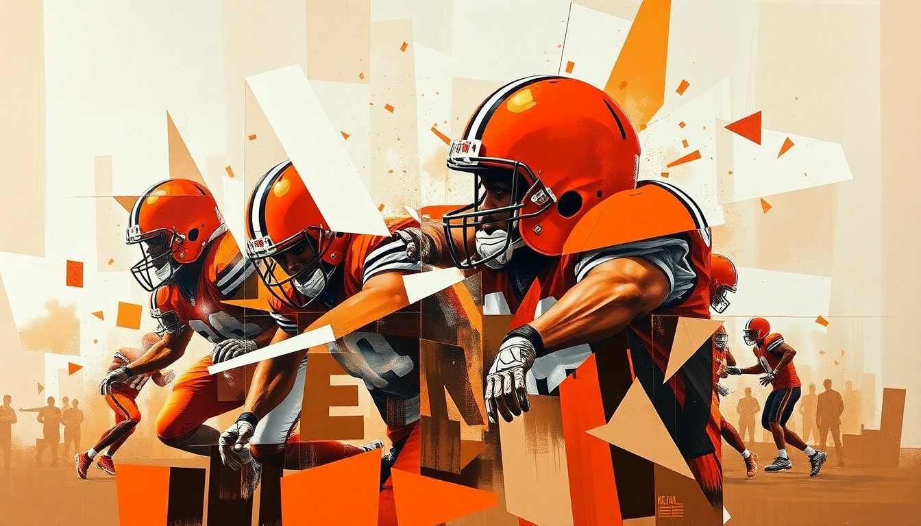 A fractured, multi-perspective painting depicting a Browns football practice or game, with sharp, overlapping geometric planes in vibrant shades of brown, orange, and white, capturing the energy and movement of the sport.