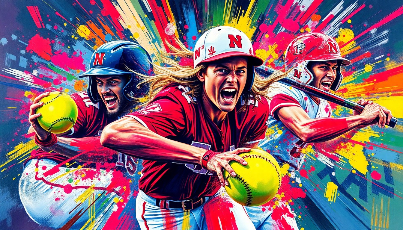 An abstract expressionist painting in neon colors depicting the dynamic motion and energy of a softball game, with players' forms dissolving into vibrant brushstrokes.