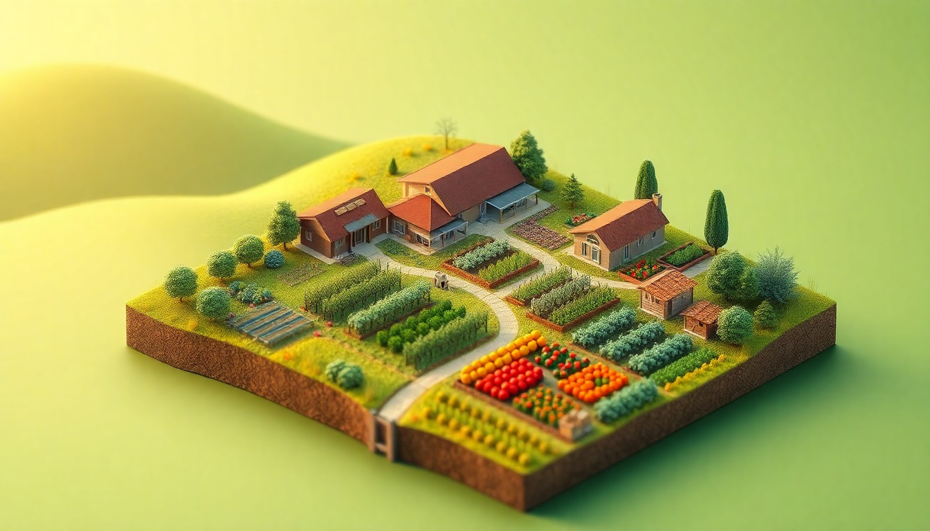 A highly detailed, miniature 3D digital illustration depicting a lush, rolling farmland landscape with a modern winery, orchard, and vegetable garden, all rendered in a clean, editorial style with vibrant, earthy colors and soft lighting to convey the harmony of sustainable agriculture.