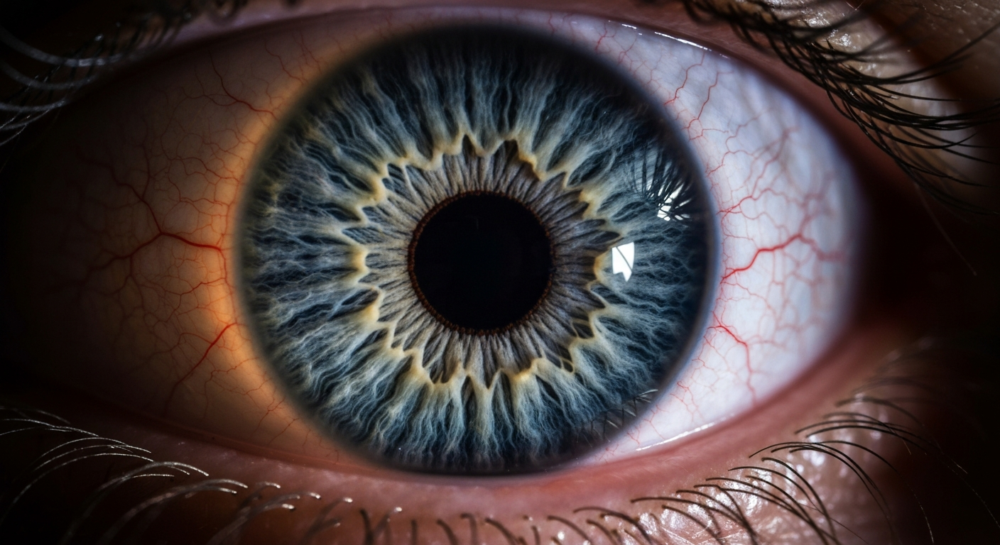 An extreme close-up X-ray photograph revealing the delicate internal structure of the human eye, conceptually illustrating the advanced technology behind Curiva Med Spa's new XERF Eye Tip treatment.