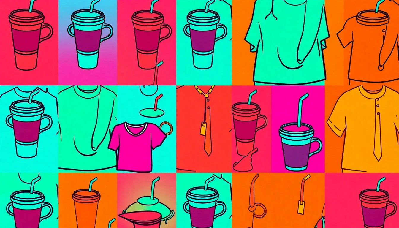 A grid of brightly colored, high-contrast silkscreen prints of a single, iconic lifestyle object such as a coffee cup or piece of clothing, conceptually representing the brand's mission to find joy and beauty in the everyday.