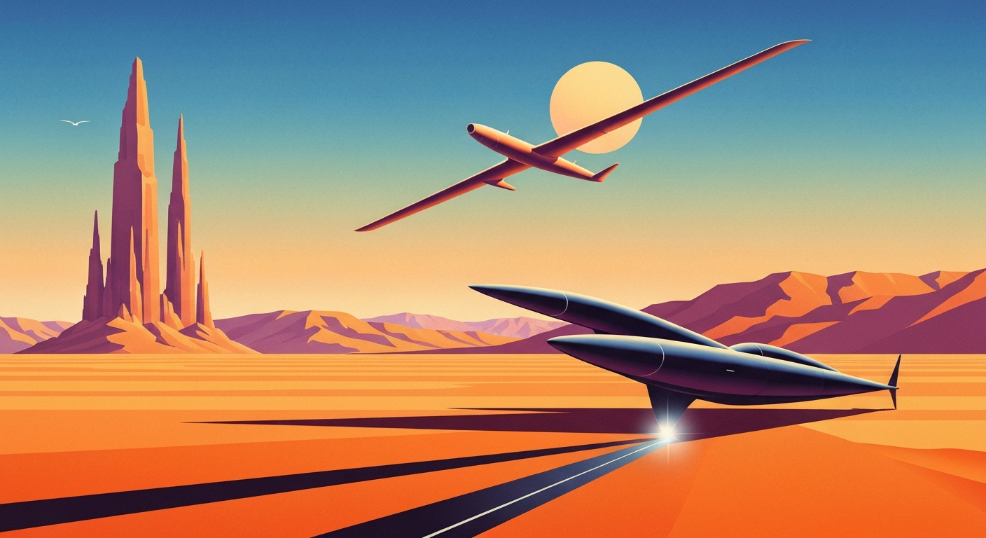 A bold, geometric illustration depicting a towering, sweeping desert landscape in shades of orange, red, and blue, conveying the grand scale and romance of travel to a national park destination.