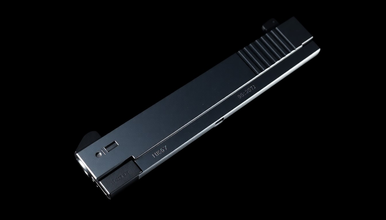 An extreme close-up photograph of a shiny metal handgun magazine against a pitch-black background, lit by a harsh, direct camera flash, conceptually representing the violent armed confrontation between rappers over a music contract.