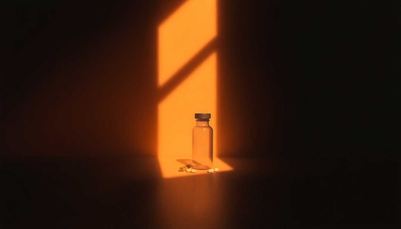 A close-up of a glass medicine bottle reflecting a warm, golden light, conceptually representing the high cost and limited access to prescription drugs.