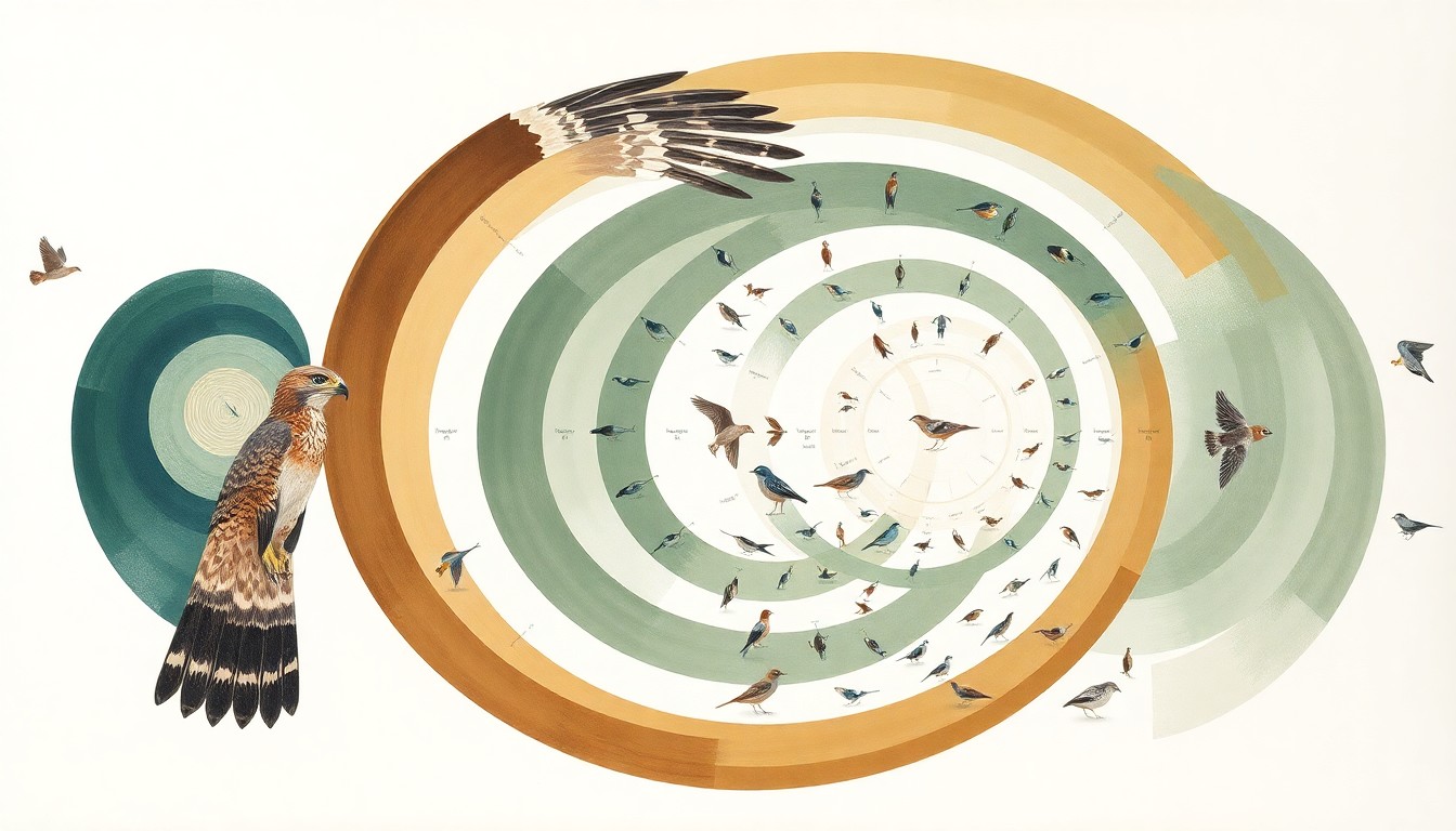 A bold, abstract painting in earthy tones of green, brown, and blue, featuring sweeping geometric arcs, concentric circular forms, and precise botanical spirals, conceptually representing the hunting behaviors and prey preferences of Cooper's Hawks and Sharp-shinned Hawks based on a scientific study.