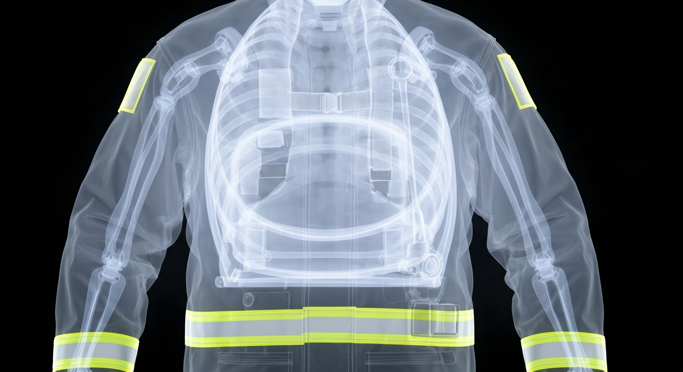 A ghostly, translucent X-ray photograph revealing the internal structure of a first responder's uniform, with glowing outlines suggesting the hidden mental and emotional burdens carried by emergency personnel.