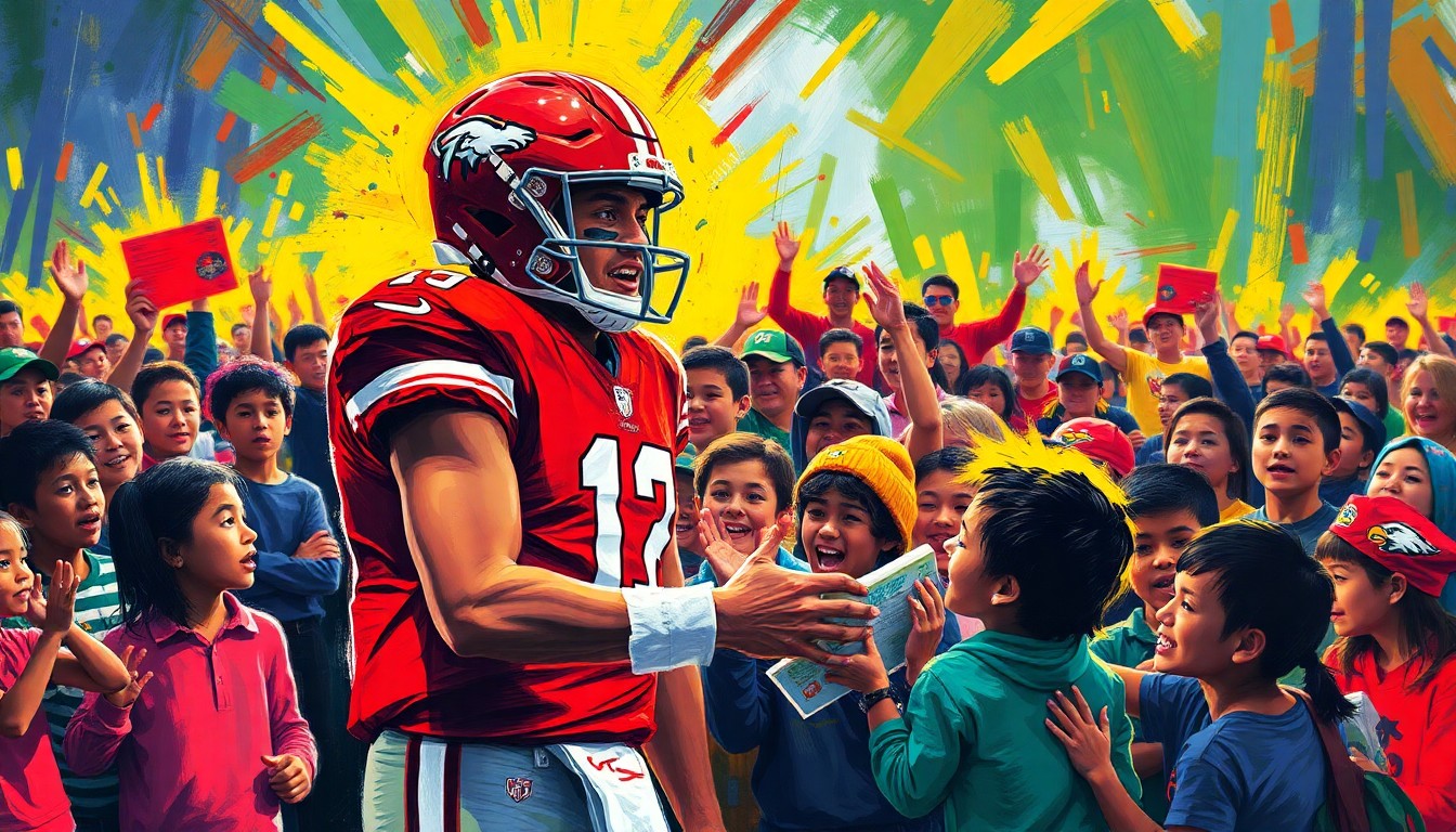 A vibrant, expressionist painting depicting the raw energy and enthusiasm of Patrick Mahomes interacting with a group of cheering students during a reading rally in Kansas City.