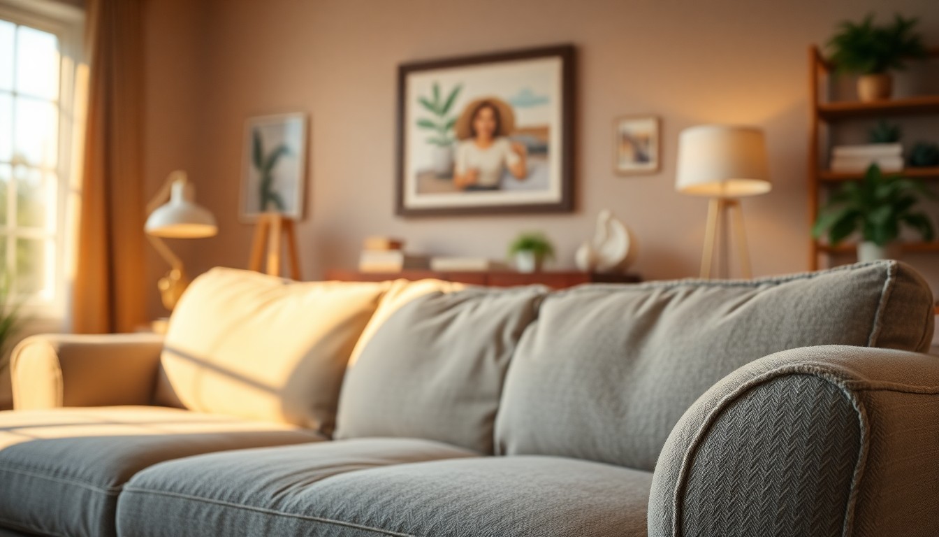An extremely abstracted, out-of-focus photograph of a microfiber couch in a warm, inviting living room setting, with soft pools of light and color creating a cozy, lifestyle atmosphere.