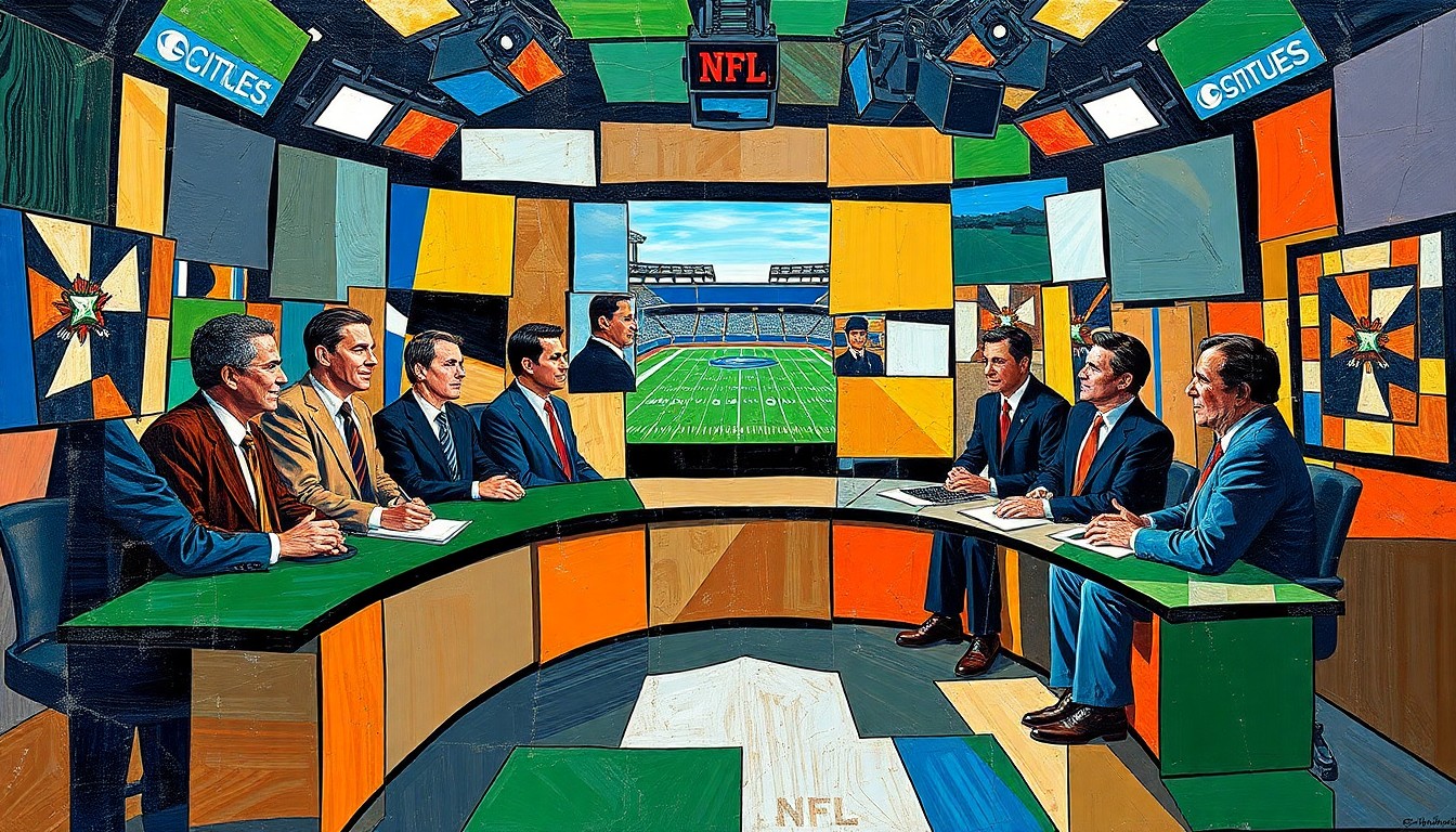 A cubist, geometric painting depicting the various elements of an NFL broadcast booth - cameras, microphones, and the silhouettes of on-air personalities - broken down into overlapping, angular shapes and planes of color.
