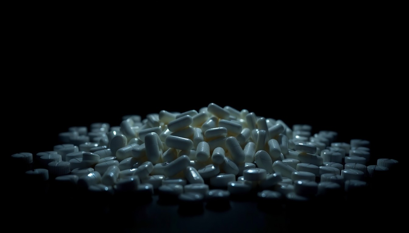 An extreme close-up photograph of a pile of prescription opioid pills lit by a harsh, direct camera flash against a pitch-black background, conceptually illustrating the illegal distribution of highly addictive controlled substances.