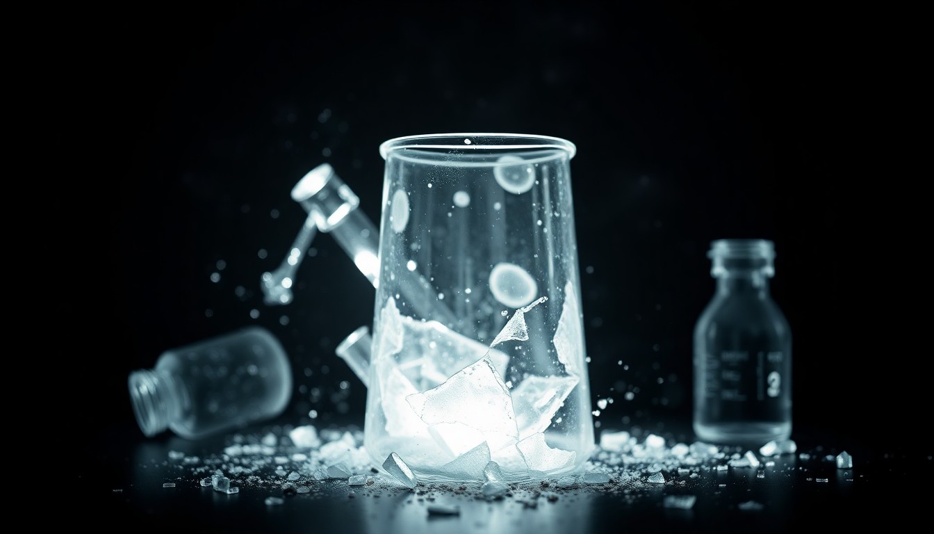 An extreme close-up photograph of shattered laboratory glassware, dramatically lit by a harsh flash against a dark background, conceptually representing the devastating aftermath of a violent acid attack.