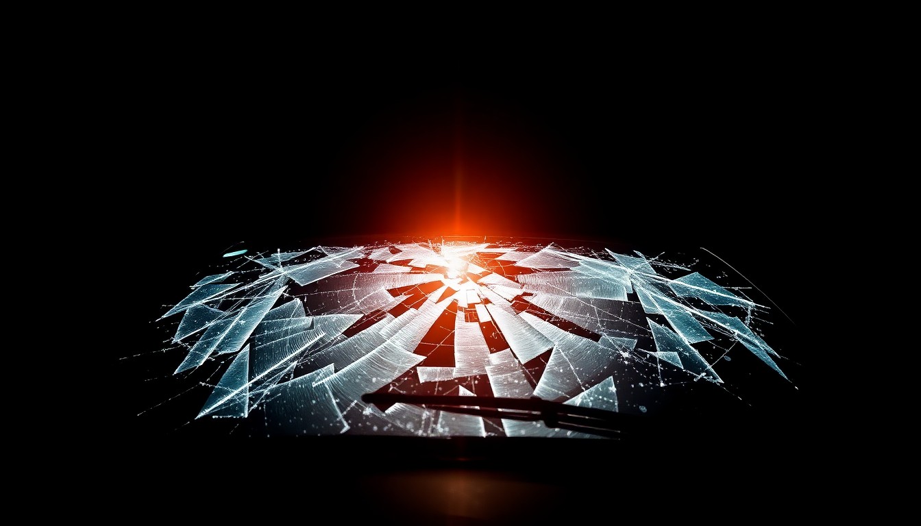 An extreme close-up photograph of a shattered car windshield, capturing the dramatic texture and fragmentation of the glass in stark contrast against a pitch-black background, conceptually representing the aftermath of a violent collision.