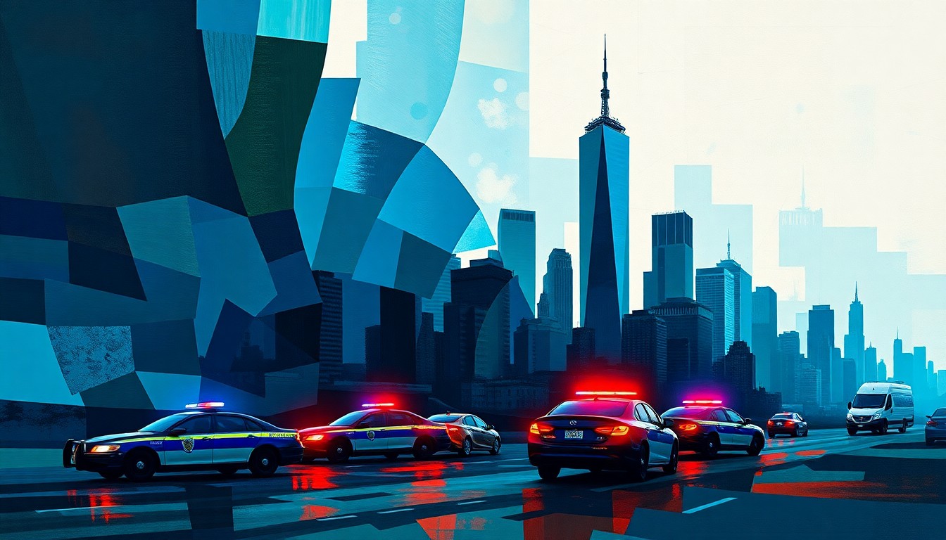 A dynamic, abstract painting depicting the fractured motion of police cars and sirens in an urban setting, conveying the complex challenges facing city leaders as they balance public safety needs with limited resources.