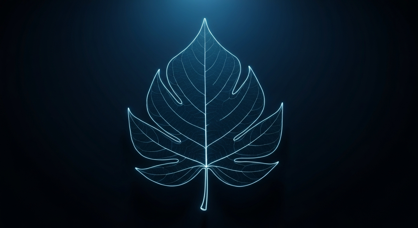 A minimalist design in the style of Keith Haring where the outline of an oak leaf is defined entirely by glowing, vibrant neon lines against a deep, dark background, emphasizing the shape and energy of the leaf.