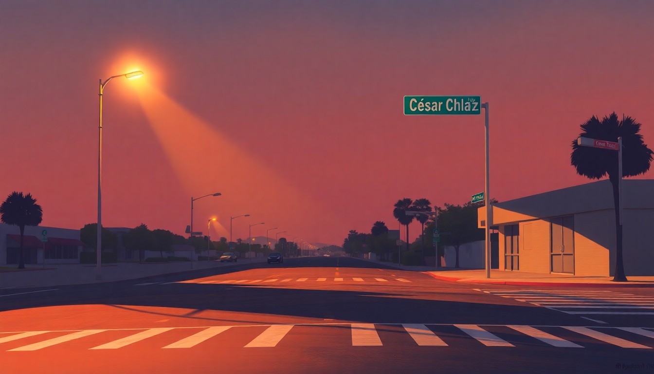 A serene, cinematic painting of an empty city street at dusk, with a lone streetlight casting warm, diagonal shadows across the pavement, conceptually representing the quiet contemplation surrounding the renaming of Cesar Chavez Boulevard.