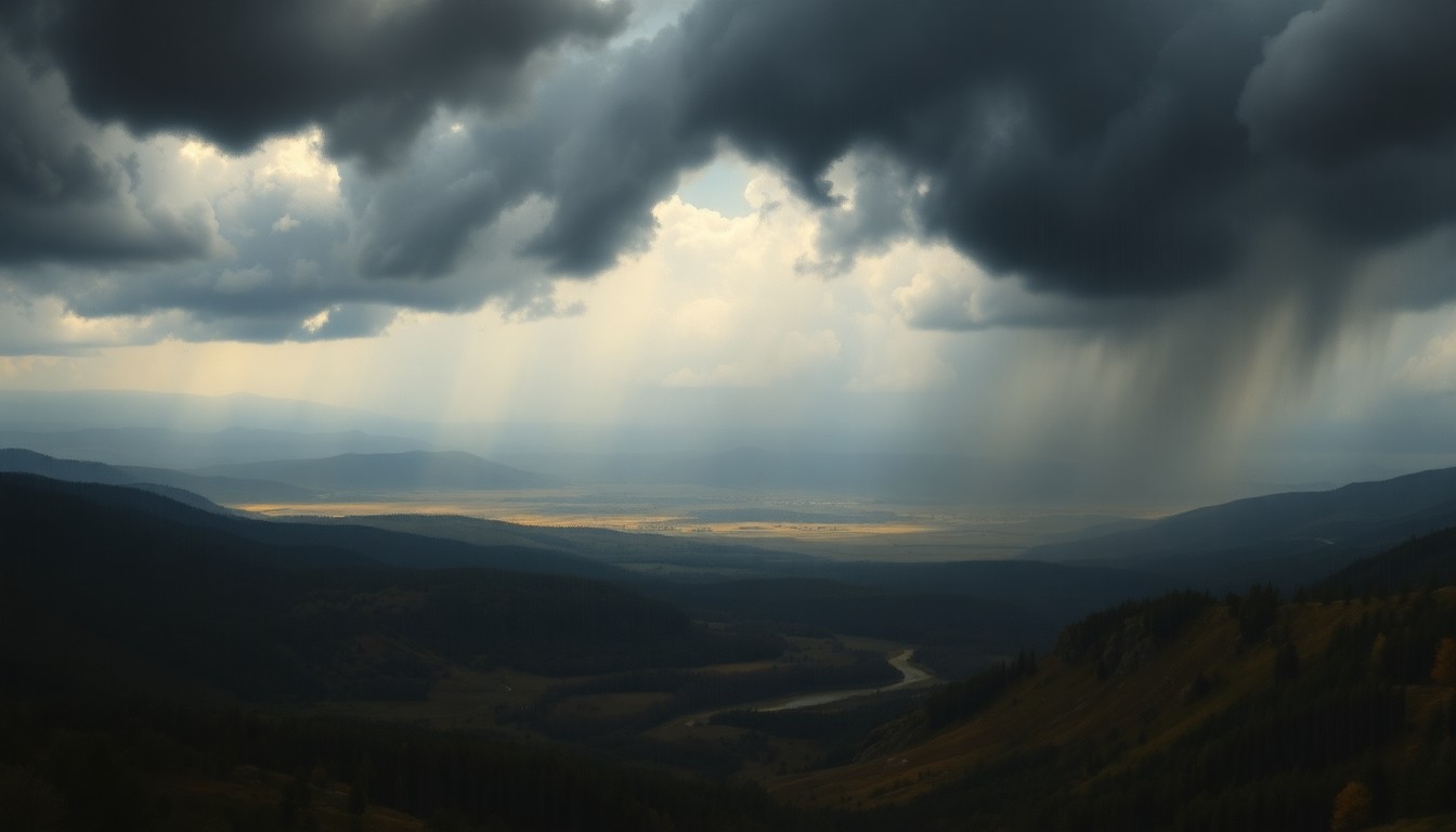A vast, atmospheric landscape painting depicting the Brazos Valley under heavy rain, with dark, foreboding clouds dominating the scene and dwarfing any physical structures or objects below.