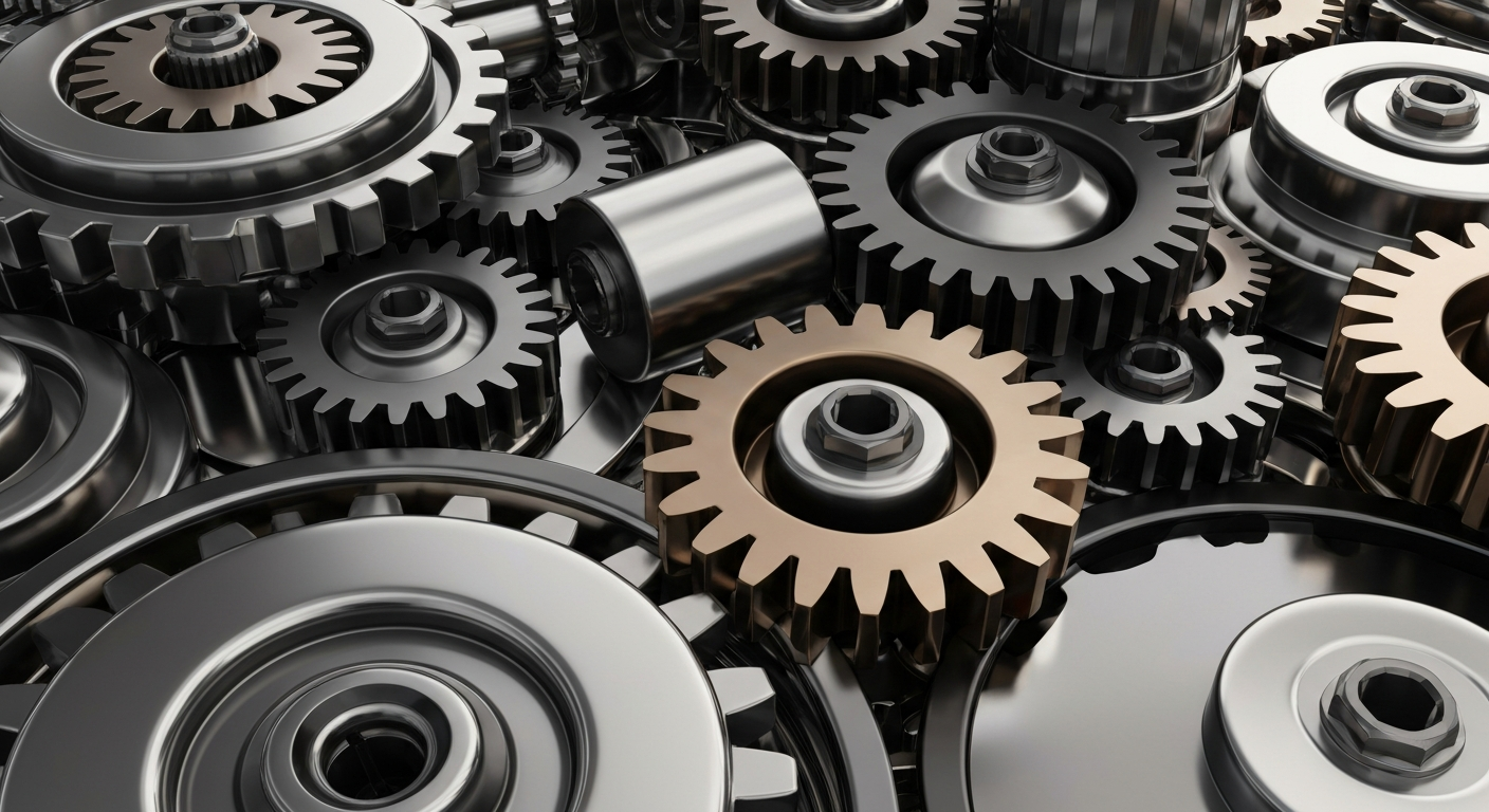 An extreme close-up of intricate, industrial-looking banking machinery and gears, conveying the complex financial infrastructure and institutional power of the private credit industry.