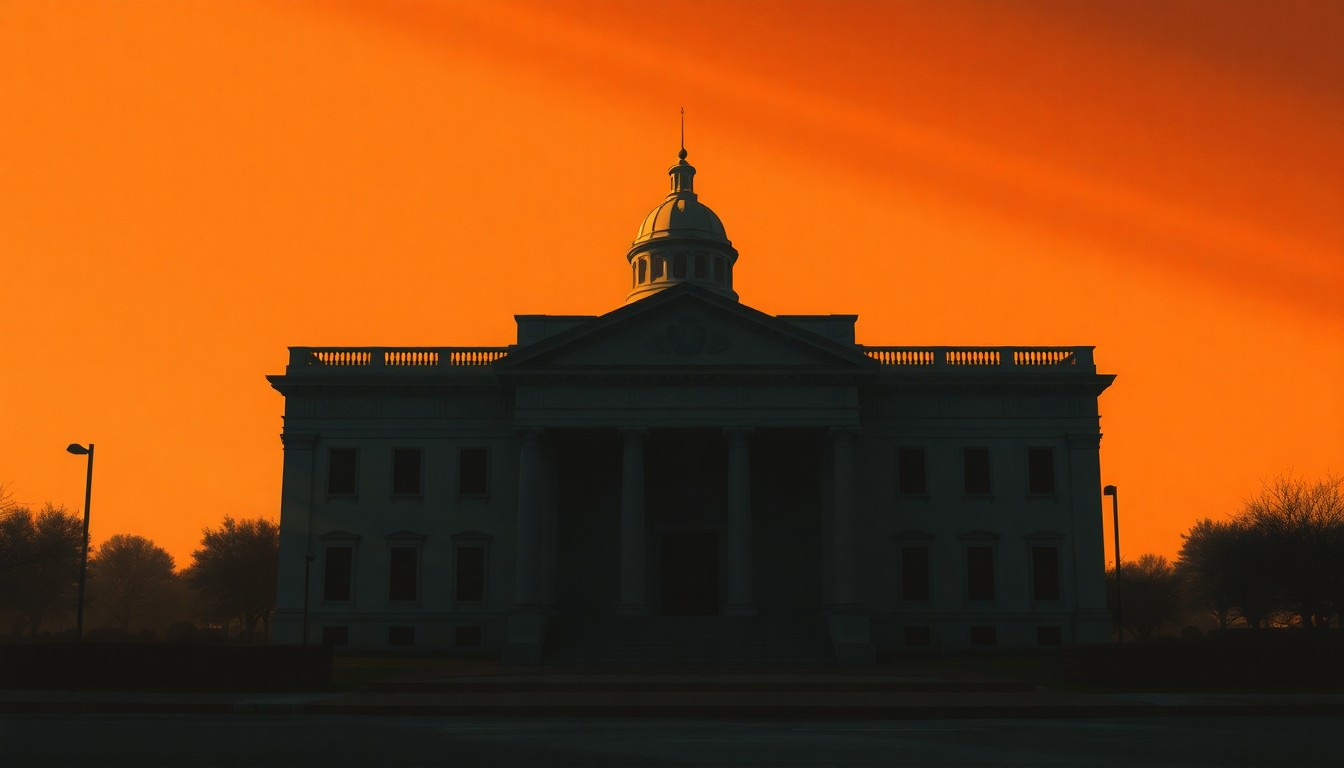 A serene, photorealistic painting depicting a government building or civic structure in soft, warm lighting, conveying a sense of contemplation and uncertainty about the future of local politics.