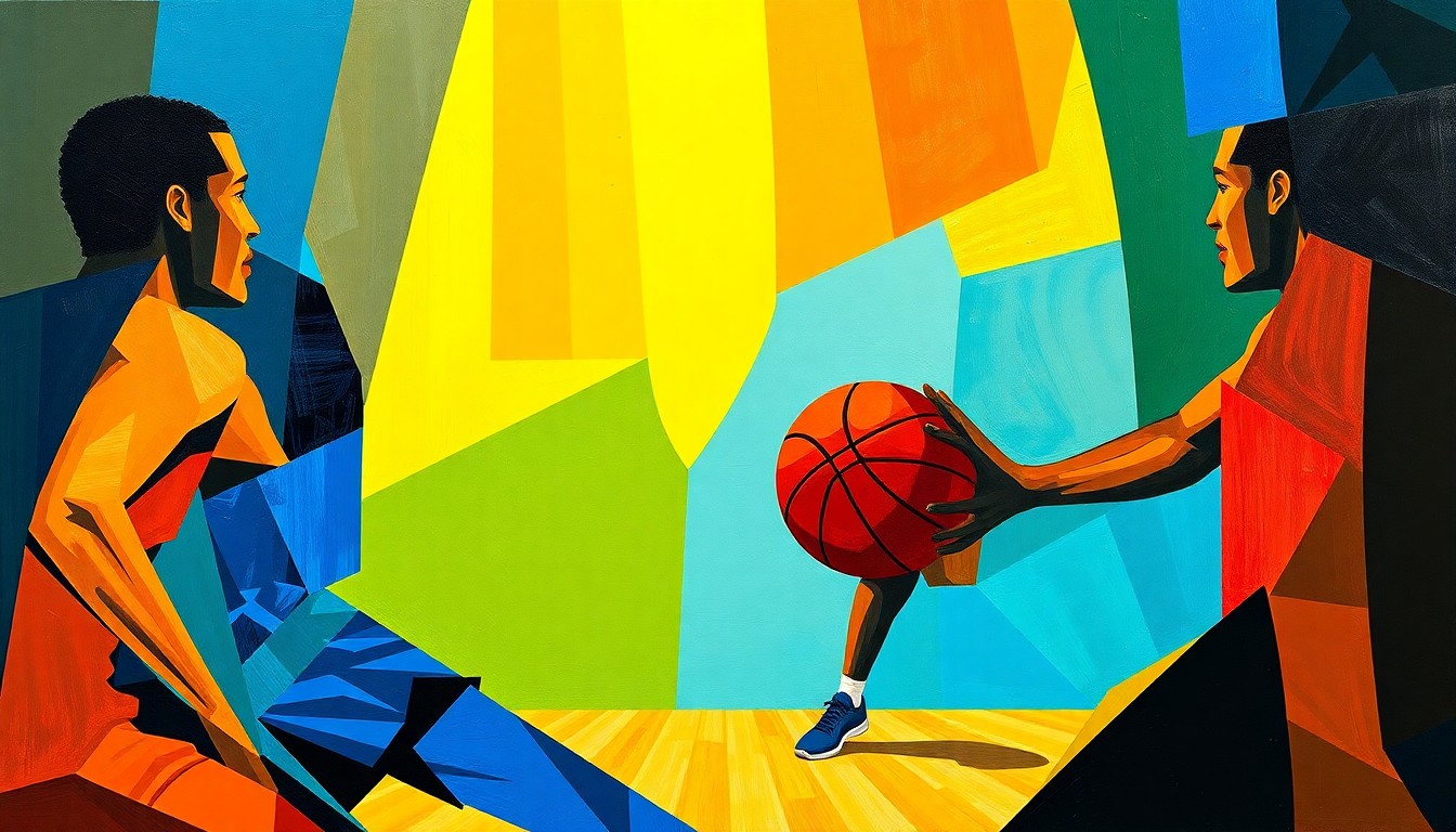 A cubist, geometric painting depicting the fragmented movements and energy of a basketball game, with the players' forms broken down into abstract shapes and planes of vibrant colors.