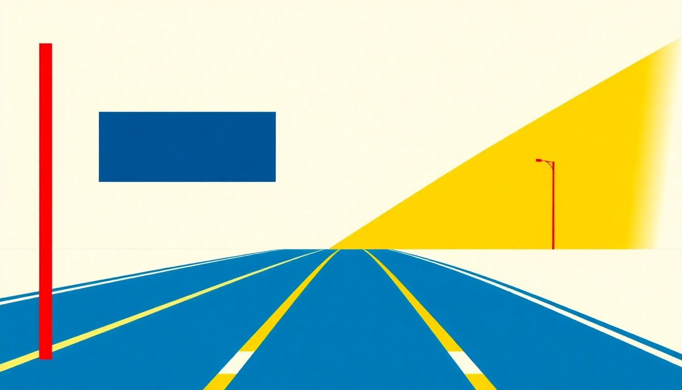 An abstract illustration using bold, primary-colored geometric shapes and clean lines to conceptually represent the growing issue of escalating toll debt and the need for reform in Maryland's transportation system.