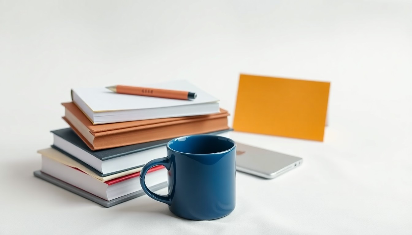A minimalist, photorealistic studio still life featuring a stack of textbooks, a laptop, and a coffee mug arranged on a clean, white background, symbolizing the intersection of education, business, and community collaboration.