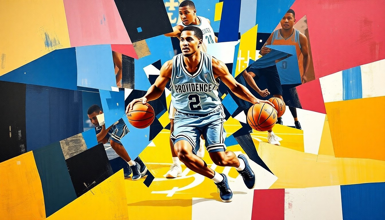 A cubist, geometric painting depicting a college basketball player in motion, with sharp, overlapping planes of color representing the team's official colors.
