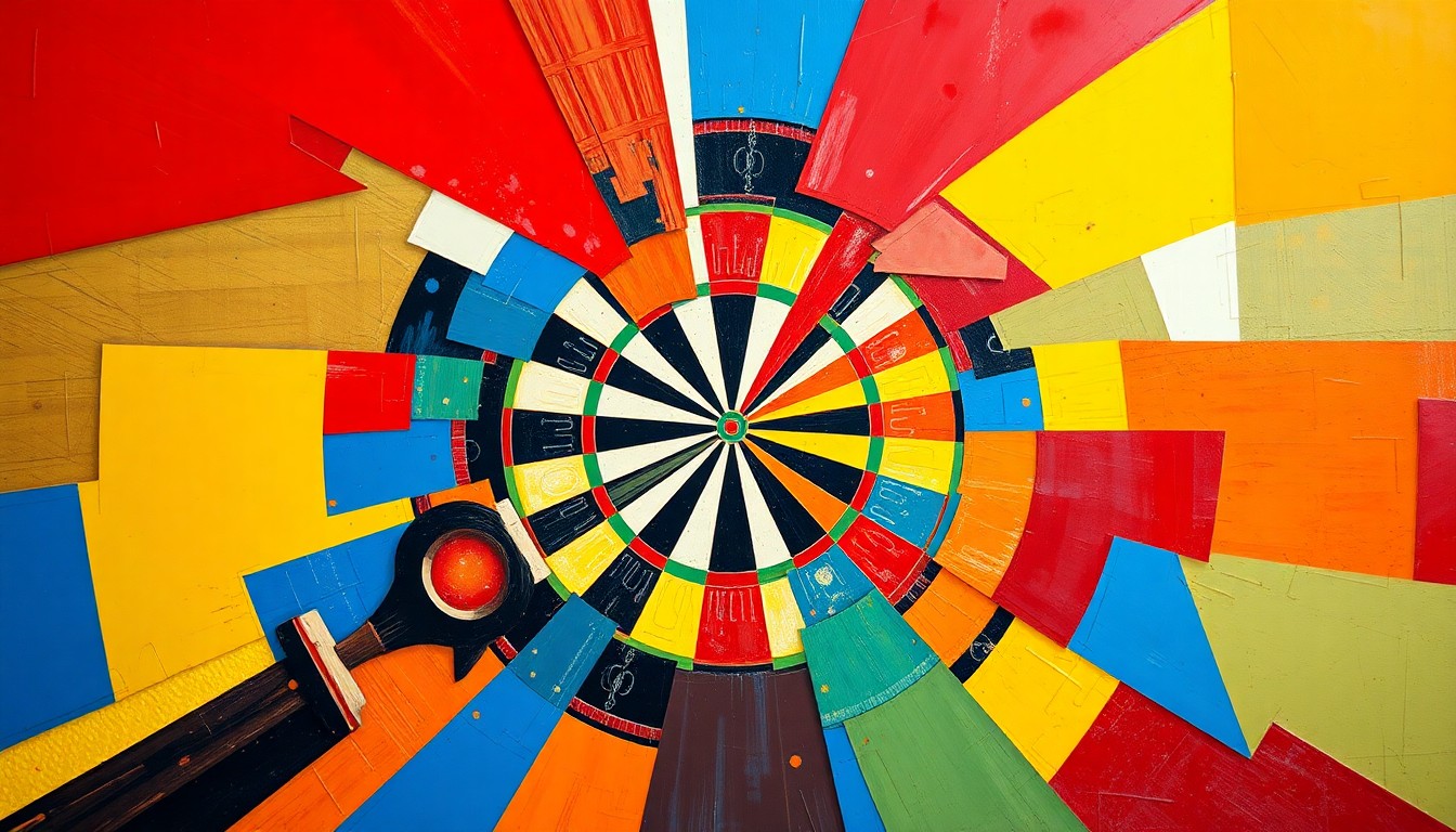 A vibrant, cubist-style painting depicting a darts match fragmented into overlapping geometric shapes and planes of primary colors, conveying the intensity and drama of the players' confrontation.