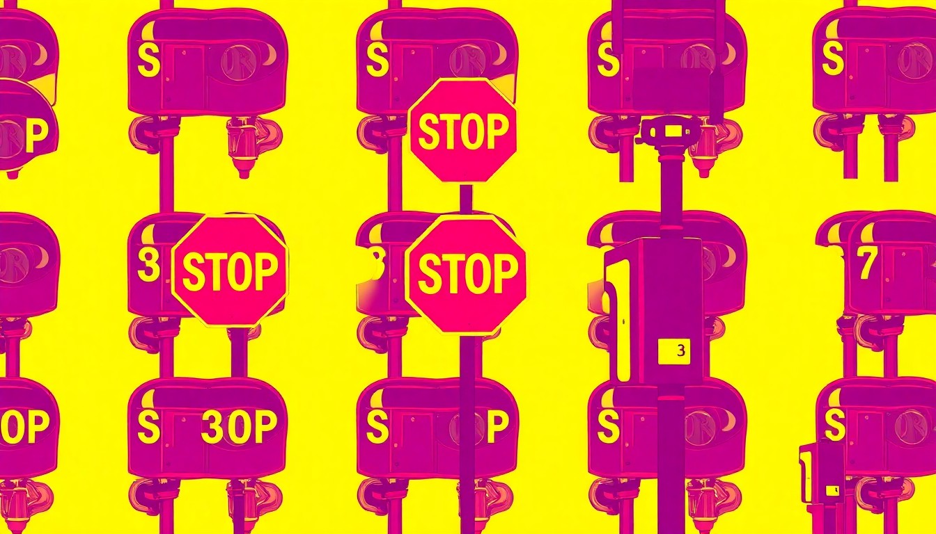 A brightly colored, high-contrast silkscreen print of a repeating urban street object, conceptually representing the redesign of a downtown street to be more walkable and visually appealing.