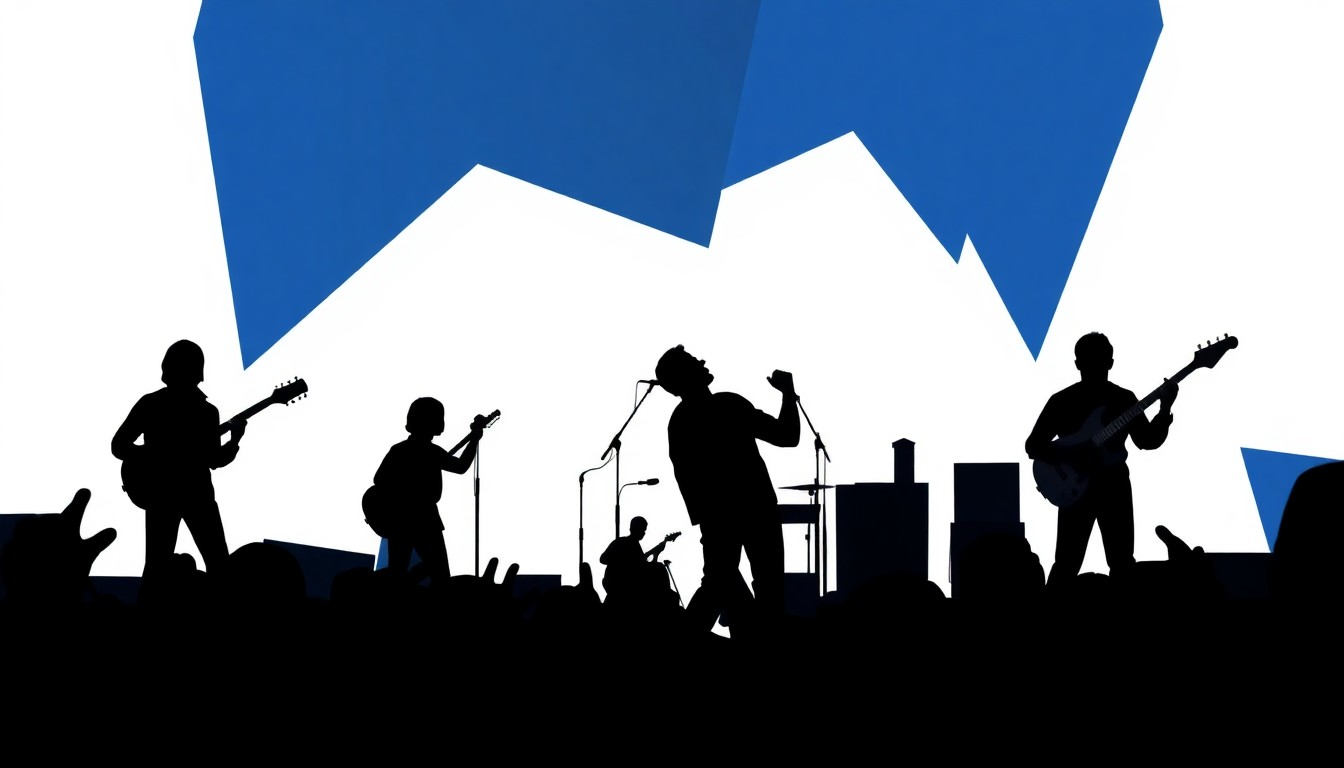 An abstract, minimalist illustration featuring sharp, angular shapes in shades of blue, grey, and black, conveying the dynamic energy of a live music performance.
