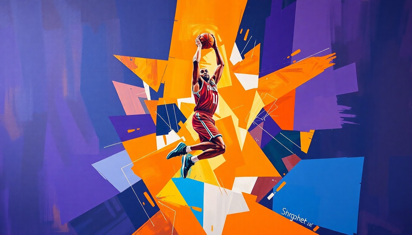 A fractured, cubist-style painting depicting a basketball player in mid-jump shot, with their body broken down into sharp, overlapping geometric shapes in a vibrant color palette, conceptually representing the dynamic energy and multi-faceted nature of elite NBA shooting.