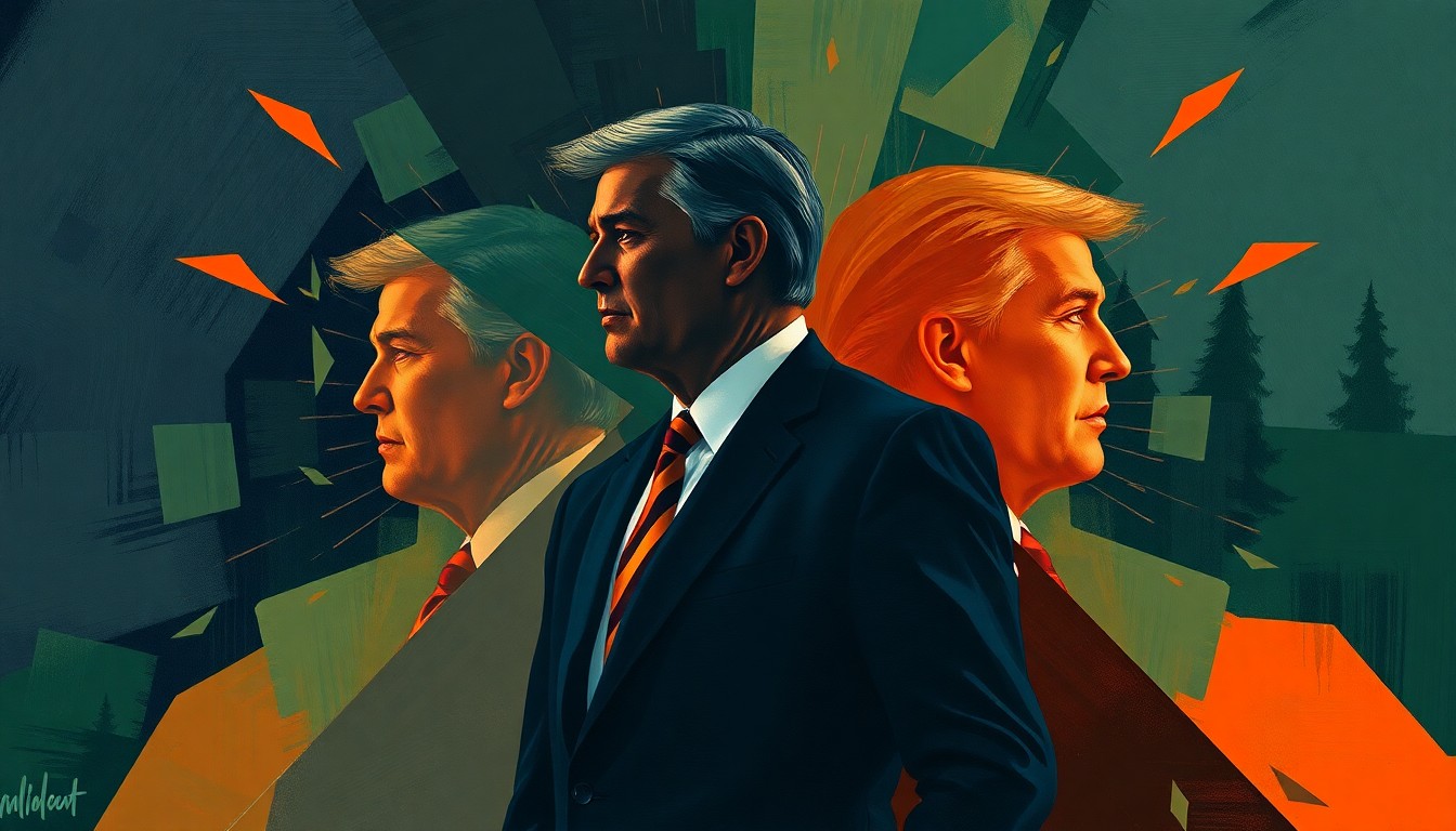 A dynamic, abstract painting with overlapping, fractured geometric shapes in navy, green, and orange, conceptually representing the clash between two political rivals.