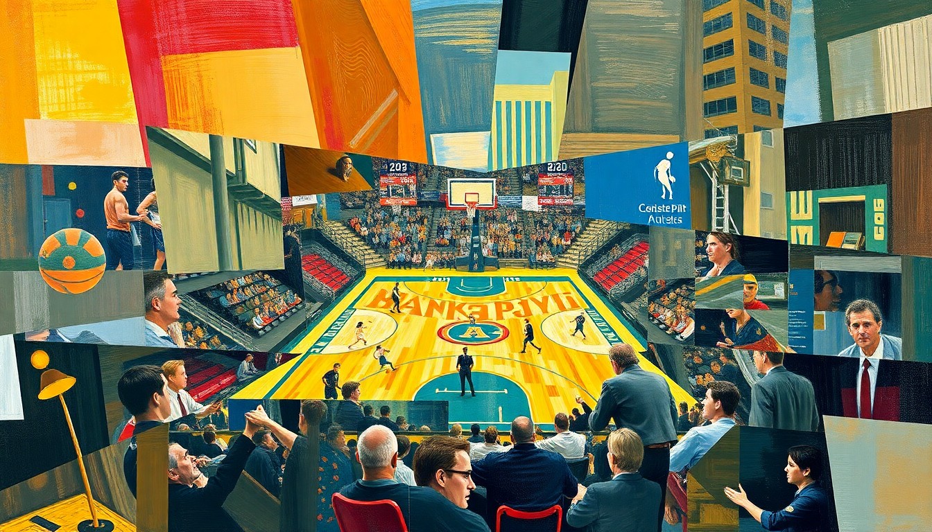 A cubist, geometric painting depicting fragmented, overlapping shapes and planes representing the action and energy of a college basketball game, conceptually illustrating the lasting impact of the Fab Five on the sport.