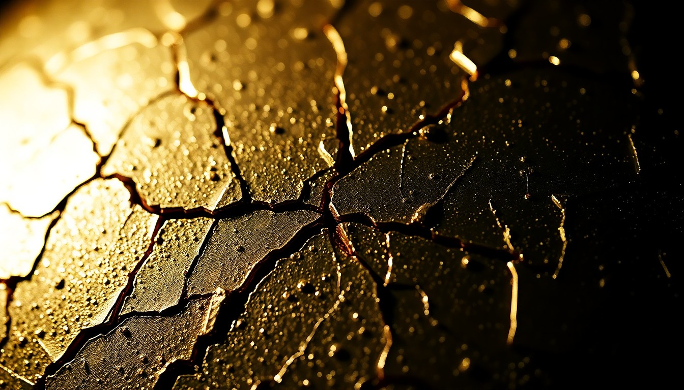 An extreme close-up of a cracked, glittering trophy surface in shades of gold and bronze, conceptually representing the agony and pressure of high-stakes sports events.