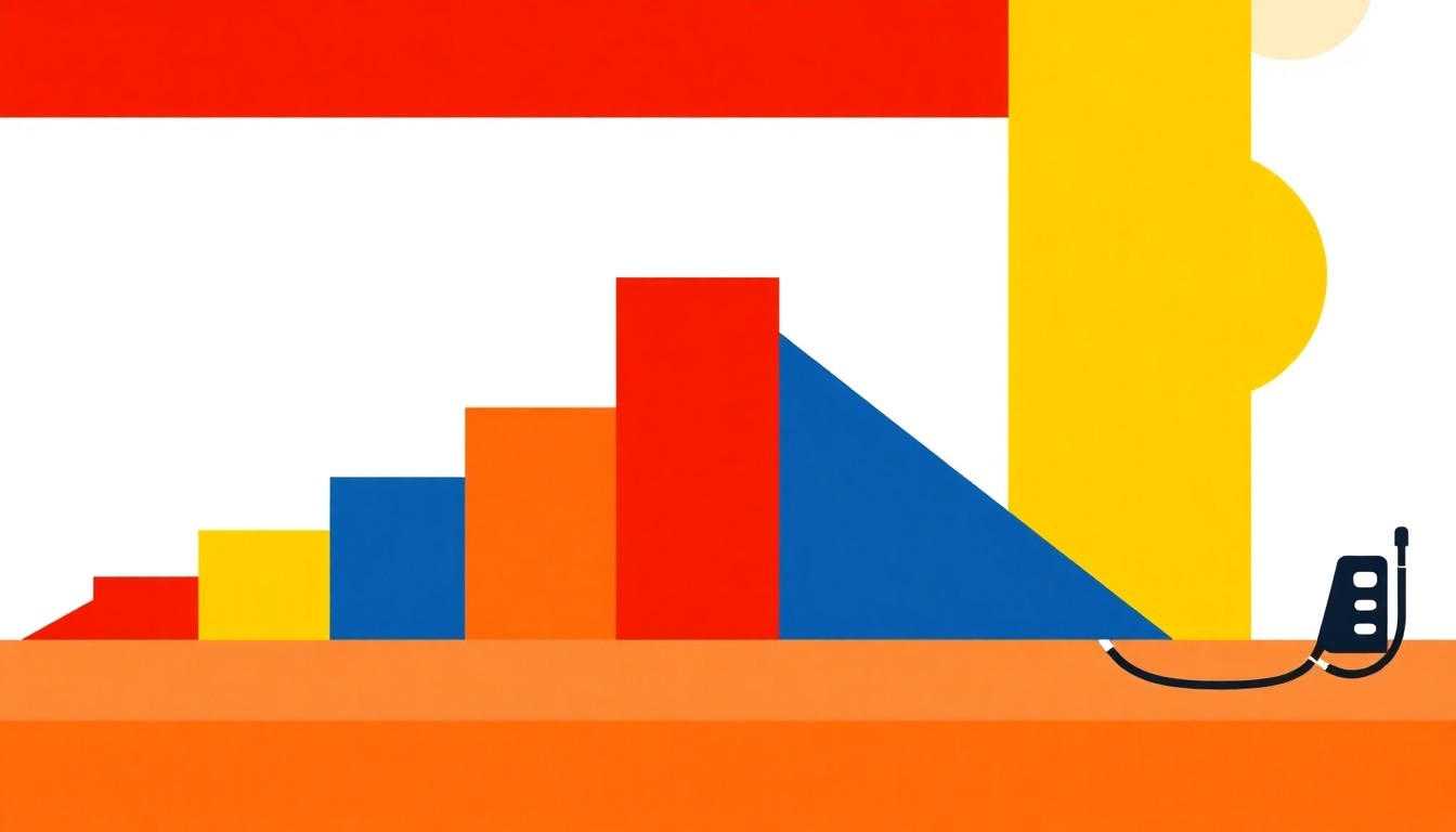 An abstract illustration featuring overlapping triangles and circles in shades of red, blue, and yellow, conceptually representing the volatility and impact of rising gas prices on the local community.
