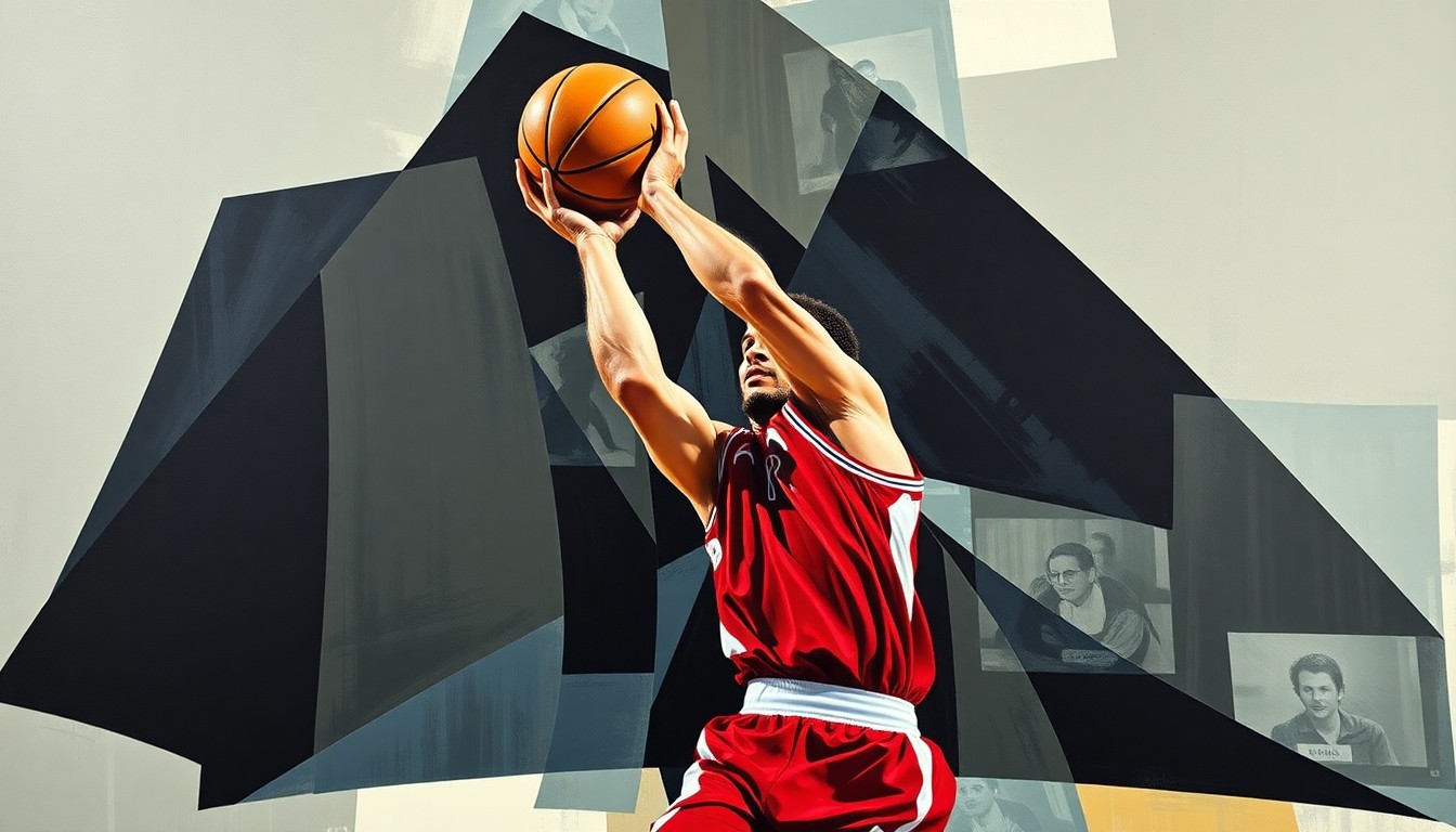 A fractured, multi-perspective painting in the abstract cubist style, breaking down a basketball player's shooting motion into sharp, overlapping geometric planes of color and form, with the player's face and jersey obscured, conveying the dynamic movement and physical strain of the sport.