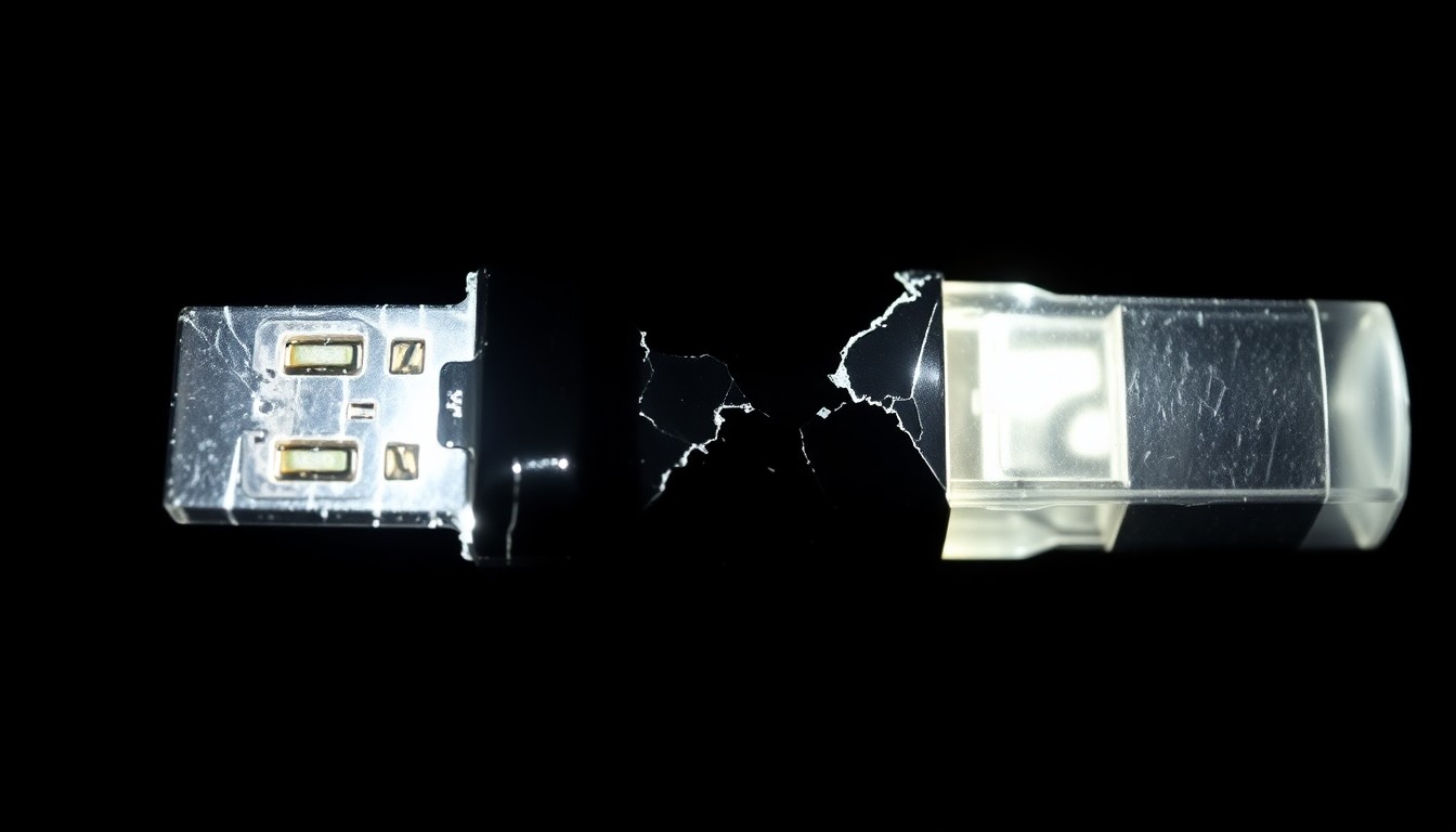 An extreme close-up photograph of a cracked and damaged digital storage device, such as a USB drive or memory card, lit by a harsh, direct camera flash against a pitch-black background, conceptually representing the physical evidence of child exploitation crimes.