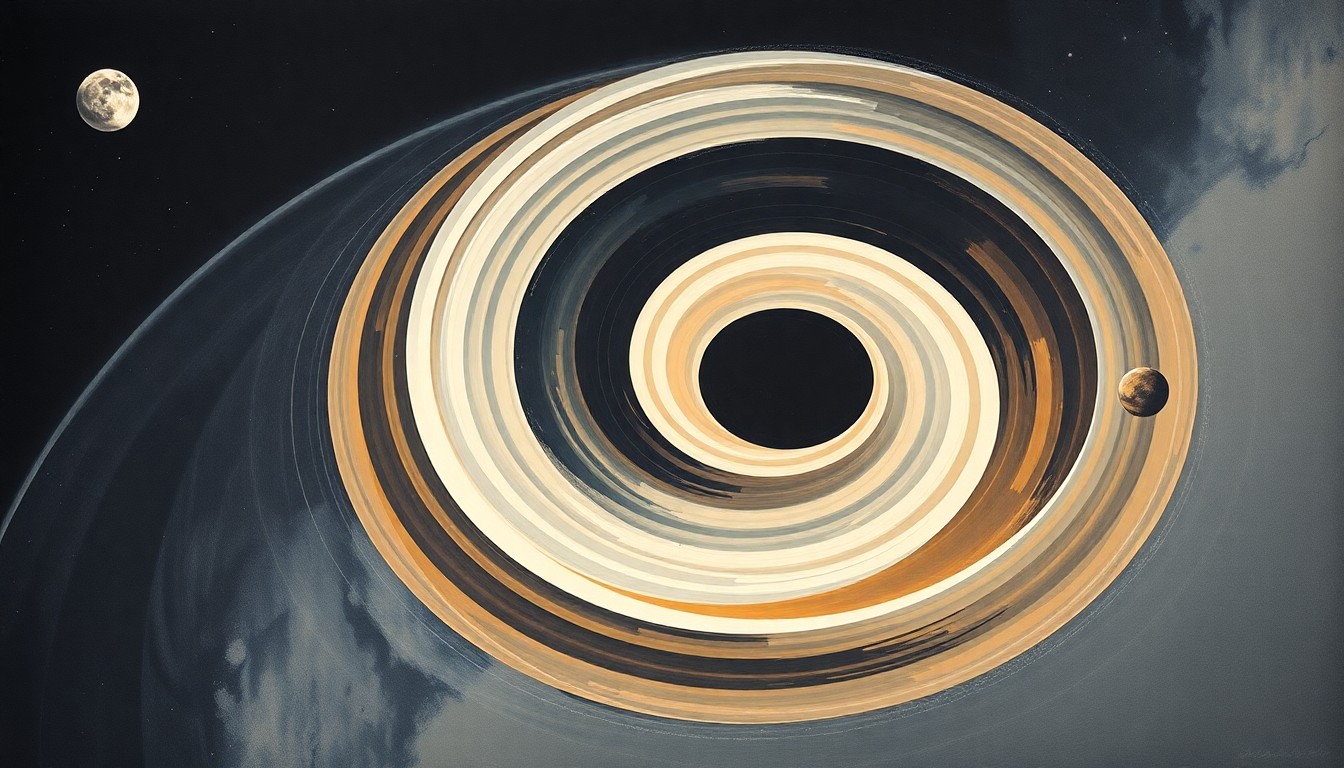 A bold, abstract painting in soft blues, greens, and grays depicting the Orion spacecraft's trajectory as it departs Earth's orbit and travels towards the Moon, represented by sweeping geometric arcs, concentric circles, and precise orbital spirals, conveying the structural order and scientific nature of the mission.