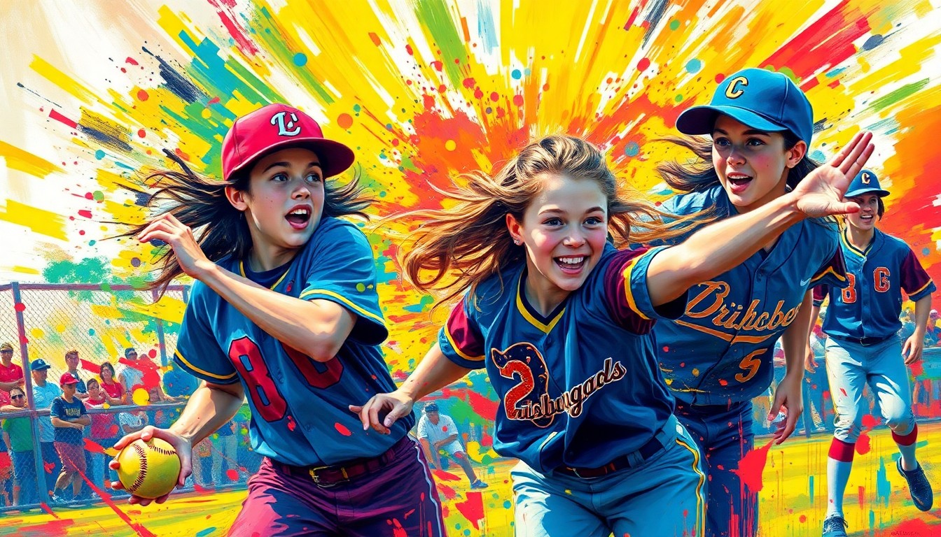 An extreme close-up of a softball in mid-flight, surrounded by a swirling, neon-colored expressionist painting style that captures the raw energy and motion of the game.