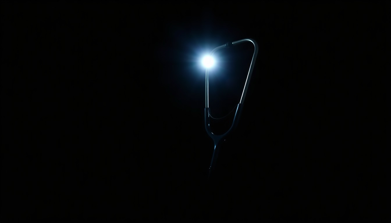 An extreme close-up photograph of a stethoscope against a pitch-black background, lit by a harsh, direct camera flash, conceptually illustrating the investigation into fraudulent hospice care practices.