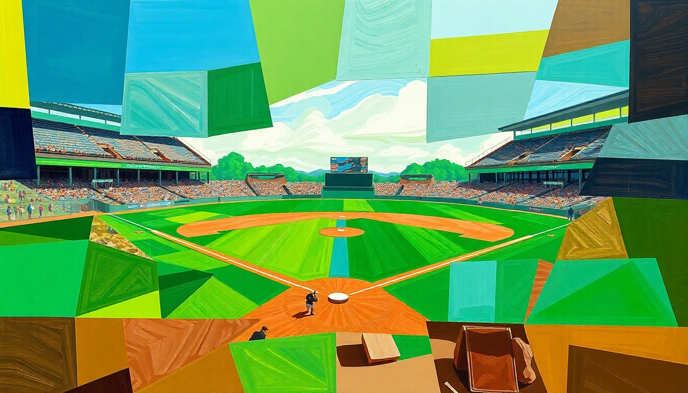 A cubist-style painting featuring overlapping geometric shapes and planes in shades of green, blue, and brown, conceptually representing the action and energy of a high school baseball game.