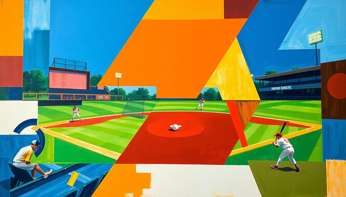 A vibrant, fragmented painting depicting a high school softball game through overlapping geometric shapes and planes of color, conveying the dynamic energy of the sport.