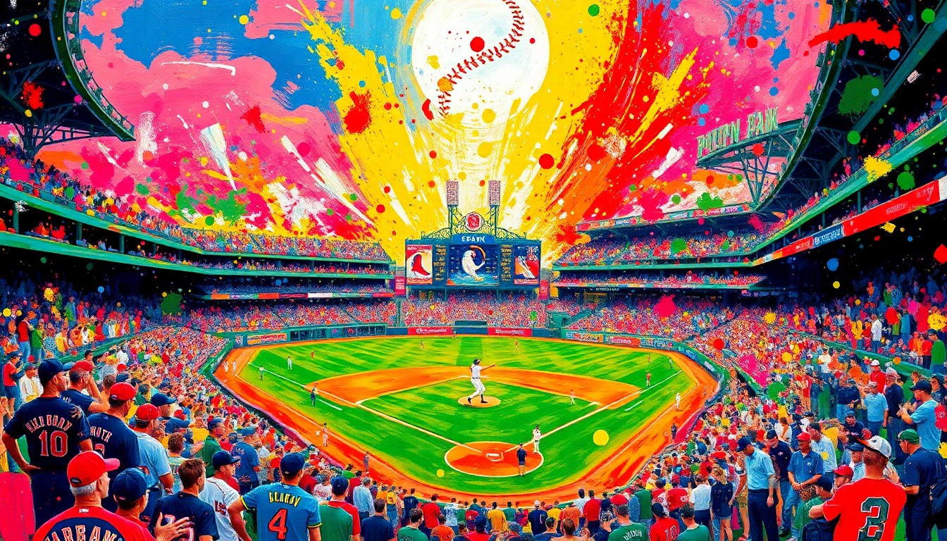 An abstract expressionist painting featuring bold, neon-colored brushstrokes that capture the energy and excitement of a baseball game at Fenway Park, with players, fans, and the iconic Green Monster blending together in a vibrant, colorful display.