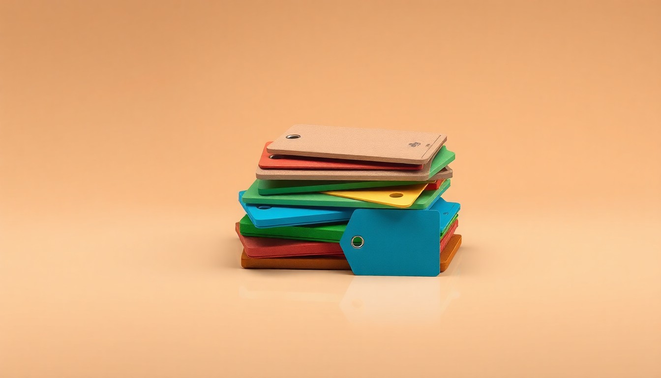 A minimalist studio still life photograph featuring a stack of colorful, geometric grocery store price tags and labels in earthy tones, conceptually representing the strategic growth and governance of the discount grocery store chain.