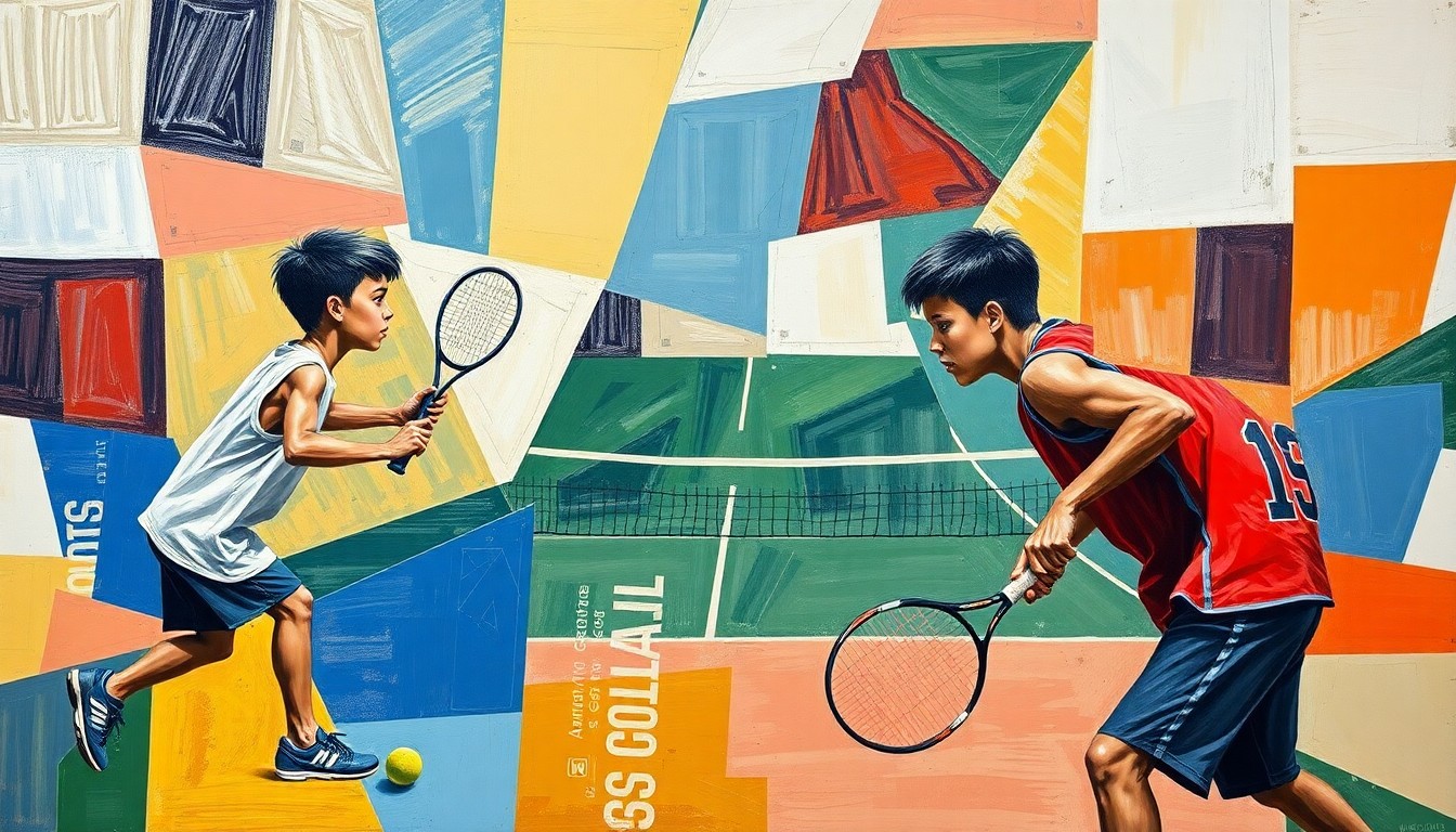 A cubist, geometric painting depicting a boys tennis match, with overlapping planes of color and form capturing the dynamic movement and energy of the sport.