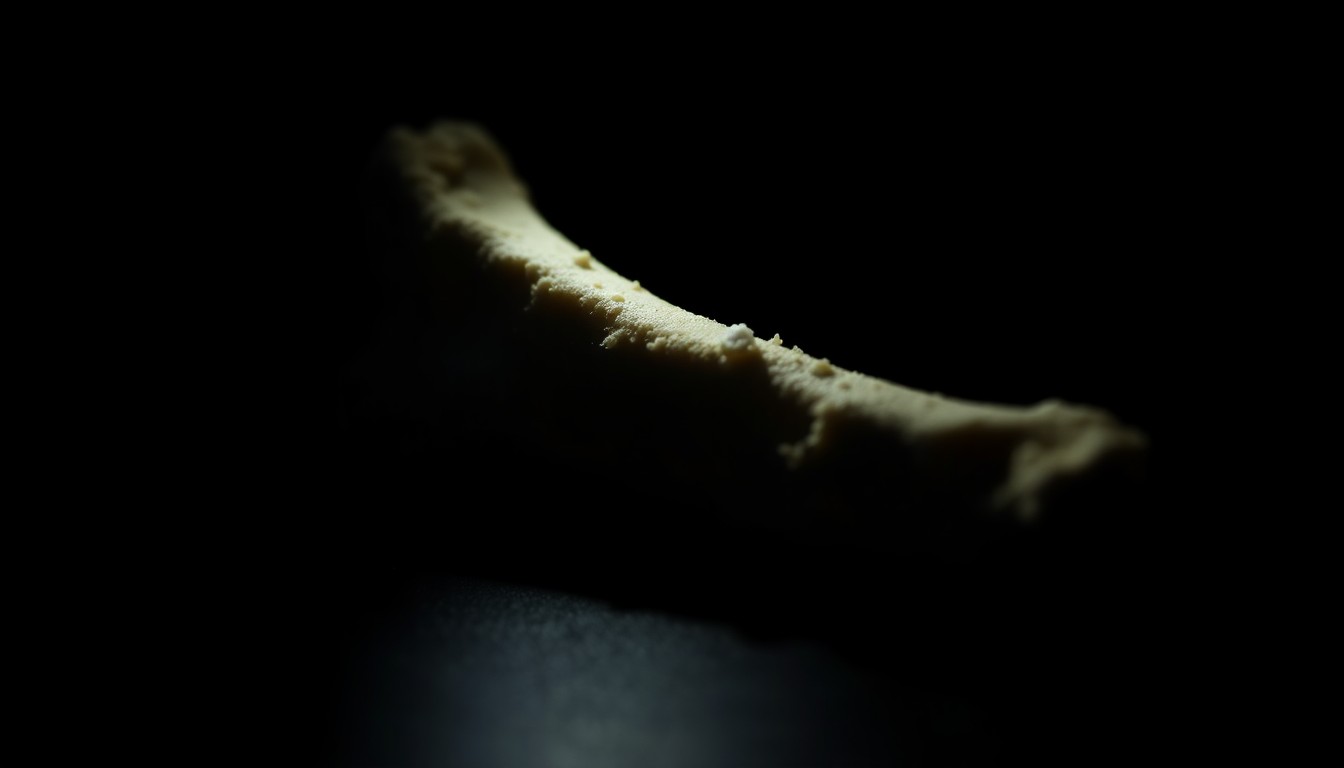An extreme close-up photograph of a human bone fragment or other physical evidence related to a crime scene, lit by a harsh, direct camera flash against a pitch-black background, conveying a stark, gritty, investigative aesthetic.